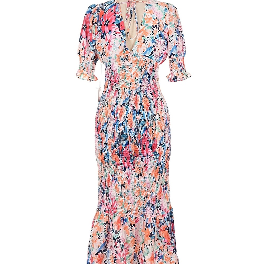 NWT Large Luxxel Multicolor Floral Midi Dress smocked body ruffle - Picture 11 of 16